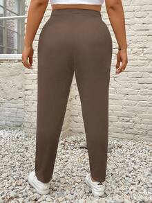 SHEIN PETITE CURVE 大码纯色褶裥口袋休闲裤 - 棕色 - 查看 2