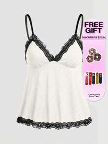 ROMWE Fairycore Áo camisole thời trang thanh lịch phối ren tương phản màu sắc - Màu be - Xem 3