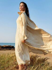 ZEYLAH Women's Casual Bell Sleeve Light Weight Long Shirt Jacekt, Spring/Summer - Apricot - View 8