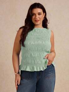Elaquor Plus Size Solid Color Sleeveless Ruffled Hem Fashion Summer Tank Top - Mint Green - View 7