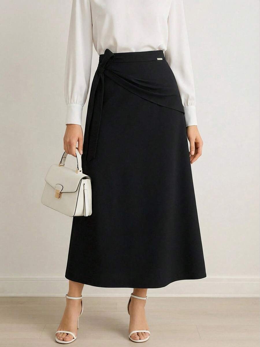 Modelyn New Design Asymmetrical Ruffle Decor Elegant Elegant Daily, Party, Commute, Vacation Versatile Skirt - Black - View 1