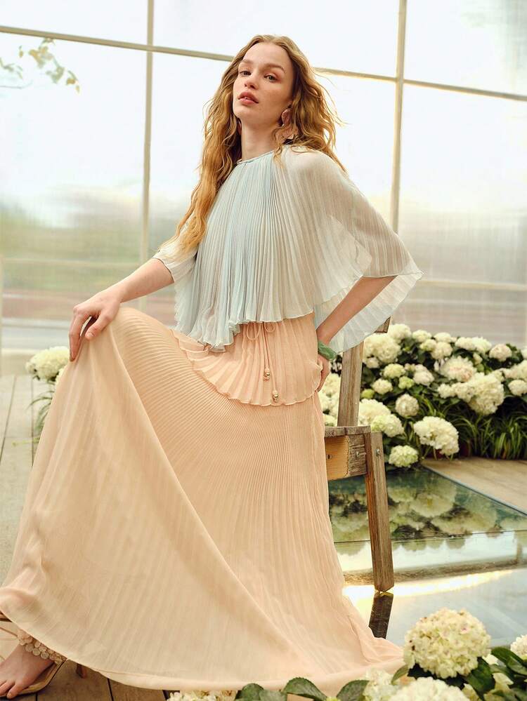 여성용 플리츠 라운드 넥 대비 컬러 로맨틱 롱 드레스, 봄/여름