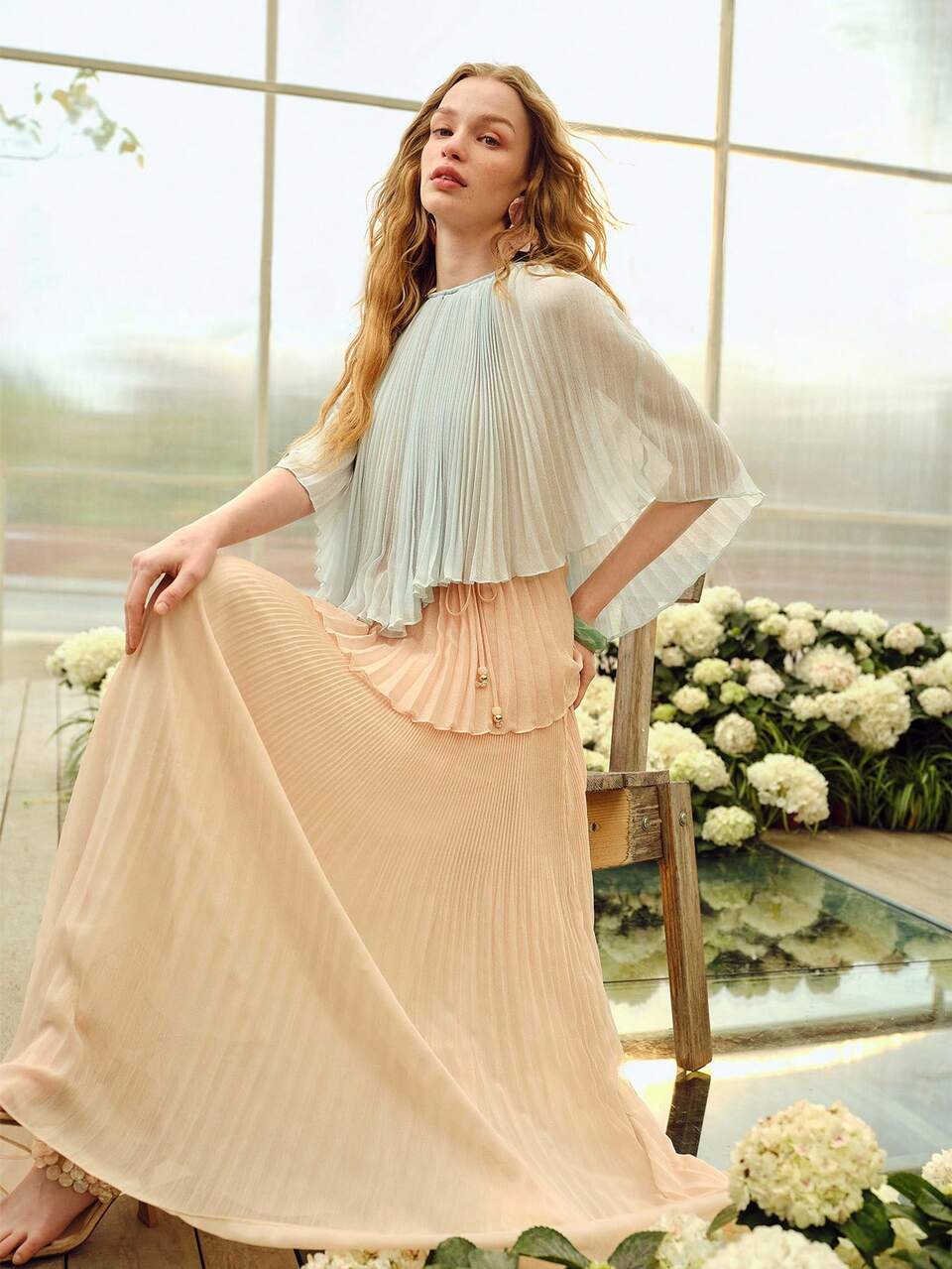 WOMEN'S PLEATED ROUND NECK CONTRAST COLOR ROMANTIC LONG DRESS, SPRING/SUMMER