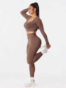 Seamluxe SHEIN Sport Women's Solid Color Long Sleeve Cropped T-Shirt And Leggings Sports Suit - Brown - View 5