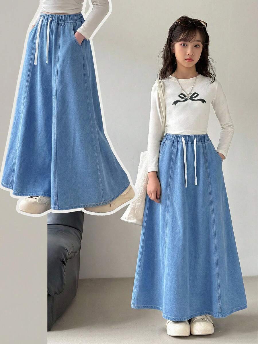 Chân váy denim ngắn có túi, dây rút, eo dành cho bé gái tuổi teen, kiểu dáng thường ngày, đa năng. - Rửa nhẹ - Xem 1