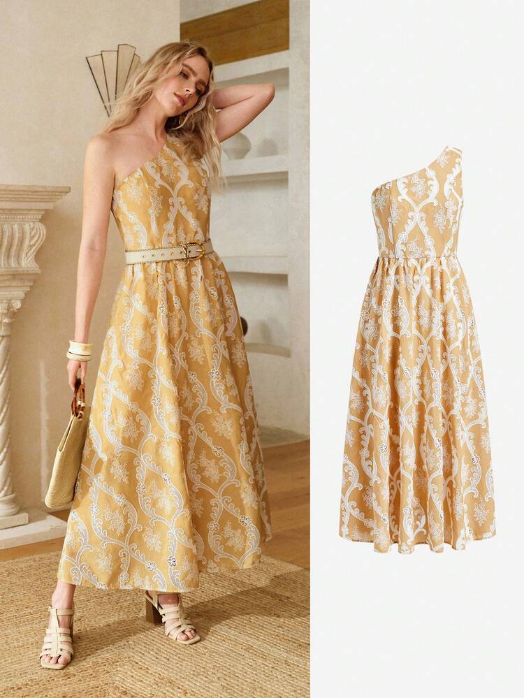 WOMEN'S ROMANTIC EMBROIDERY ASYMMETRICAL NECK DRESS