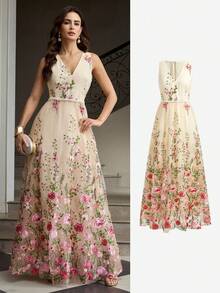 ZEYLAH Women's Fashion Rose Embroidered Dress - Apricot - View 7