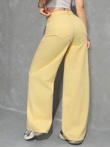 SHEIN EZwear Women's Pocketed Button Casual Versatile Daily Wear Wide Leg Jeans - Light Yellow - View 2
