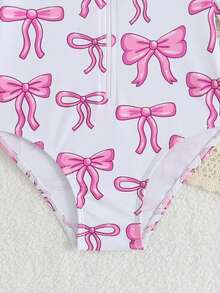 SHEIN Young Girls' Pink Bow Print Long Sleeve One-Piece Swimsuit,Summer Beach Holiday Thermal Spring Modest Rash Guard Swimwear Bathing Suits For Kids - Baby Pink - View 5
