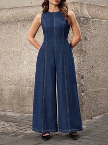 Selenza Bộ jumpsuit denim không tay hở lưng, thời trang thường ngày dành cho nữ cỡ lớn - Màu xanh lam - Xem 5