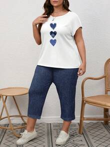 EMERY ROSE Plus Size Women's Heart Print Batwing Sleeve Top And Drawstring Waist Long Pants 2 Pieces Set, Casual, Vacation, Daily Commute, Spring/Summer/Autumn - Multicolor - View 6