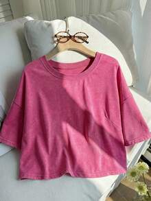 Comfortcana Plus Size Fuchsia Washed Snow Flower Cotton Short Sleeve T-Shirt, Spring - Hot Pink - View 4