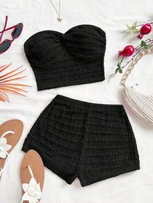 Soleia 女士纯色简约抹胸上衣和短裤两件套 - 黑色 - 查看 6