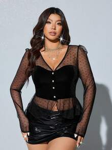 Viva Relle Plus Size Women Sexy V-Neck Front Button Sheer Long Sleeve Blouse - Black - View 3