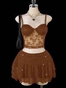 SHEIN ICON Plus Size Ruched Tie-Up High Slit Layered Glitter Mesh Mini Skirt - Brown - View 8