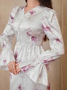 Graceveil Bộ đồ 2 mảnh dành cho nữ, gồm áo và chân váy tay loe in hoa thanh lịch, thích hợp cho mùa thu. - Nhiều màu - Xem 3