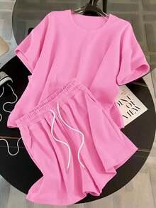 Resyla Ensemble 2 pièces T-shirt et short décontracté unicolore pour femmes - Rose bonbon - Voir 3
