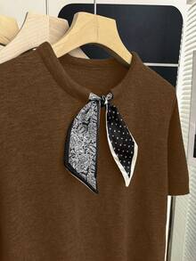 Franclia Coffee Brown,Autumn,Ellegant,Office French Chic Round Neck Short Sleeve Knit Blouse,Contrast Bow Collar Design Paisley & Polka Dot Ribbed Trim Top - Brown - View 6