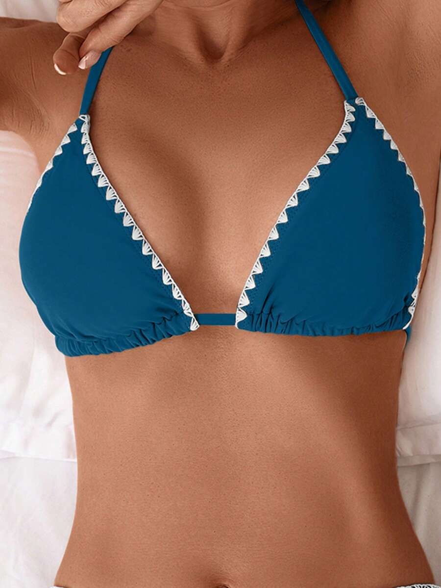Swim Basics 女士花卉饰边挂脖撞色饰边比基尼上衣 - 水鴨藍 - 查看 1