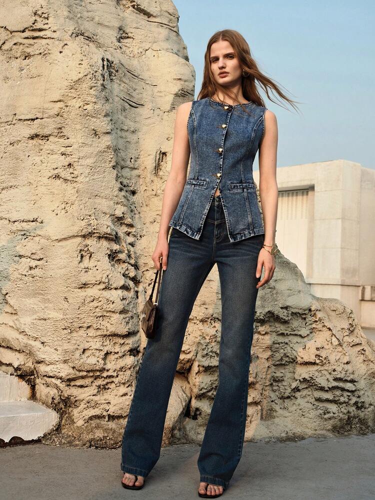 FITTED DENIM VEST WITH FRONT BUTTONS, SPRING/SUMMER