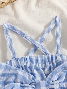 SHEIN Vintaside Kids 2件套女婴时尚可爱条纹露肩连体衣和发带套装，夏季派对 - 藍白色 - 查看 4