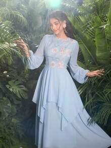 Modelyn Elegantes romantisches besticktes Chiffonkleid mit ausgestelltem Rock für Frauen, apricotfarben - Blau - Übersicht 6