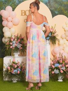 Loomaby Pregnant Women's Elegant Tie-Dye Off-Shoulder Ruched Dress, Summer Dress Gender Reveal Dress Maternity Dress Baby Shower Dress - Multicolor - View 4