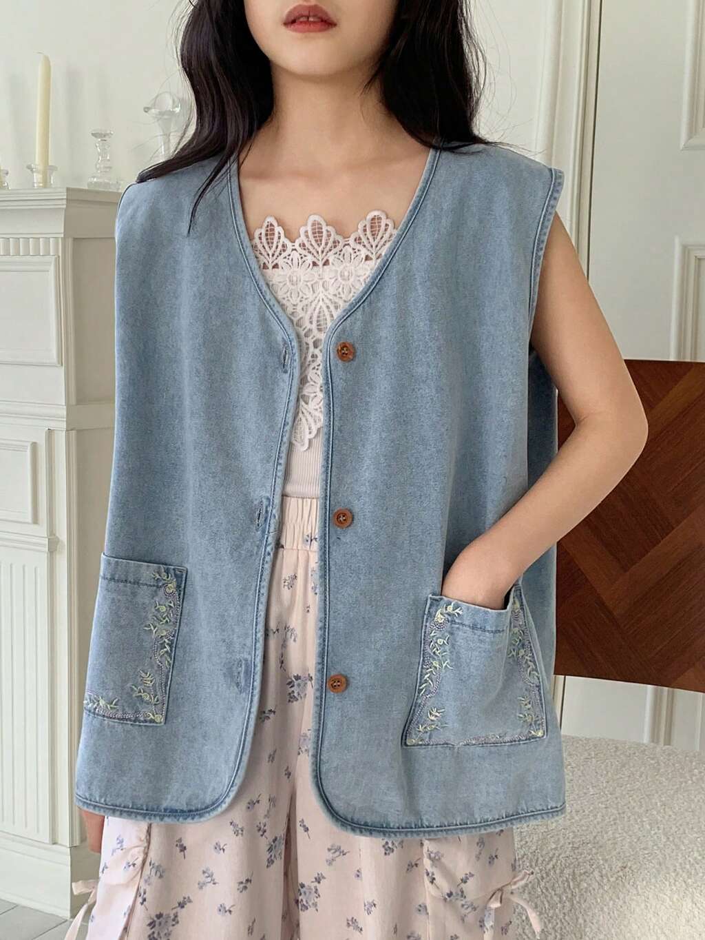 Tween Girl Floral Embroidered V-Neck Single-Breasted Denim Vest Summer