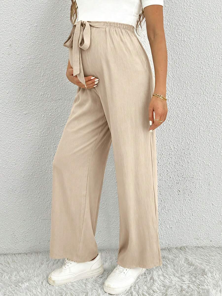 SHEIN Quần ống rộng màu trơn thắt eo đơn giản cho bà bầu - Màu be - Xem 1
