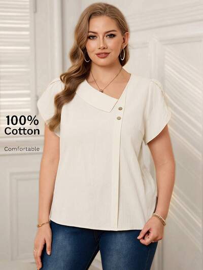 Plus Size Oblique Collar Button Decor White Shirt Cream Blouse Modest Summer Top Button Top V Neck Blouse Cotton Blouse, Summer Tops