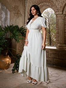 Flirla Plus Size Women's White Summer Boho Vacation V-Neck Drawstring Design Vintage Casual Preppy Punk Style Midi Dress,Regular Short Sleeve Daily Wear - Apricot - View 4
