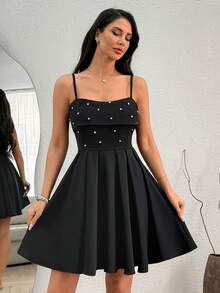 EURMUSE Robe ajustée et évasée avec bretelles spaghetti noires ornées de détails en strass, robe spécialement conçue, robe élégante - Noir - Voir 3