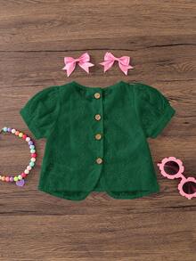 Emery Rose Kids Emery Rose Kids 女婴休闲简约舒适圆领泡泡袖镂空刺绣上衣，适合日常穿着和开学季 - 綠色 - 查看 2