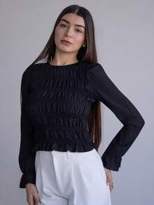 Andrea Bello Blusa a maniche lunghe con collo rotondo plissettato, tinta unita, da donna - nero - Visualizzare 1