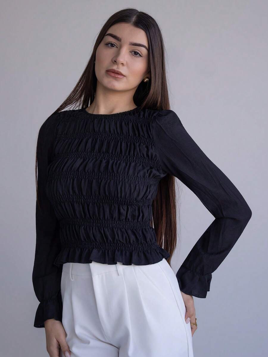 Andrea Bello Blusa a maniche lunghe con collo rotondo plissettato, tinta unita, da donna - nero - Visualizzare 1