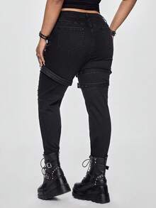 ROMWE Goth Spring/Summer Plus Size Women's Punk Rock Distressed Pocket Skinny High Stretch Jeans - Black - View 3
