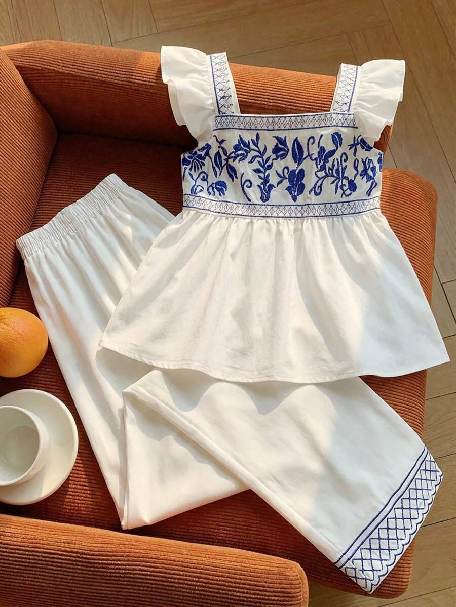 SHEIN White National Style Blue Embroidered Top & Wide Leg Pants Set, Summer Casual Holiday Tea Party Outfit, Square Collar Waist Doll Shirt For Tween Girl - Blue and White - View 1