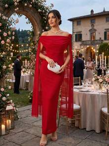 Amorya 女士新款优雅纯色圆领3D立体花卉装饰修身长裙 - 紅色 - 查看 10