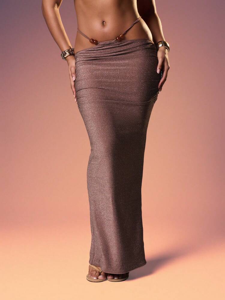 MISSGUIDED Metallic Shimmer High Waist Bodycon Maxi Skirt With Side String Details For Evening Party