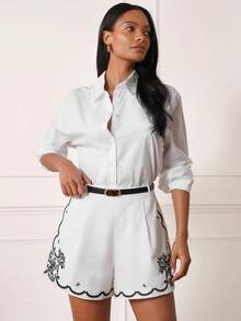 Lilora Chic Women's White Mini Shorts With Black Floral Embroidery And Zipper Closure Woven Fabric - White - View 6