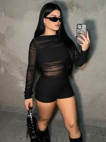 Dayanna Comas Mesh Gathered Splicing Jumpsuit With Long Sleeves - Black - View 1