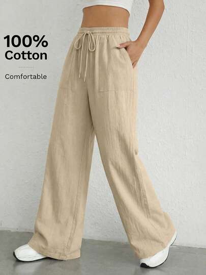 SHEIN EZwear Women's Spring/Summer New Woven Apricot Casual Daily Commute Simple Solid Color Drawstring Waist Loose Wide Leg Pants Loose Pants For Women Cotton Pants 100 Cotton Women Clothing Women Casual Pants Women Linen Pants