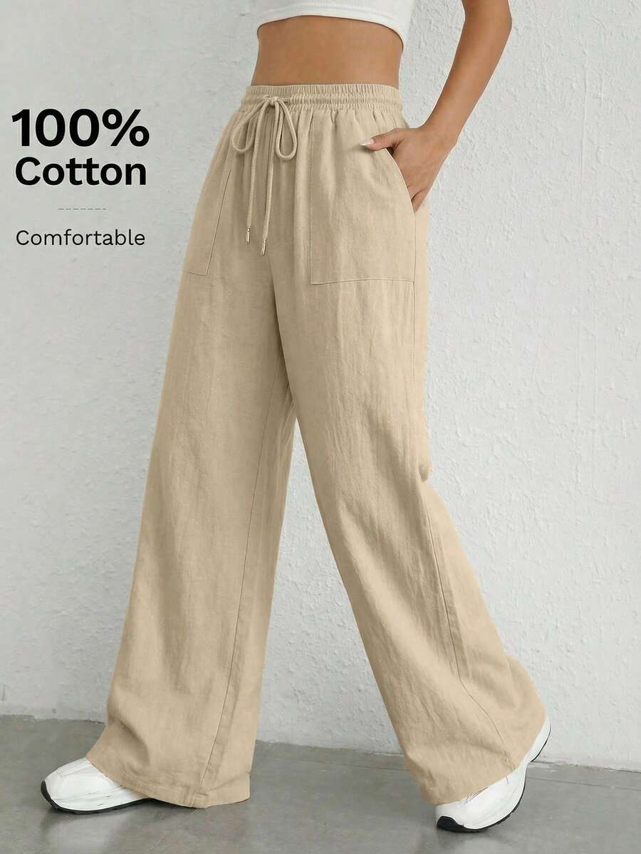 SHEIN EZwear 女士春夏新款杏色梭织休闲日常通勤简约纯色抽绳腰宽松阔腿裤 - 杏色 - 查看 1