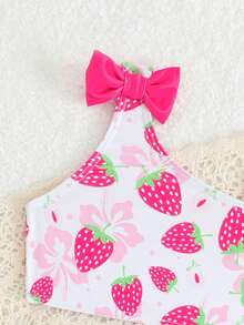 女婴泳衣两件套：粉色草莓印花无袖上衣，荷叶边装饰；三角印花泳裤；夏季假日 - 粉色 - 查看 5