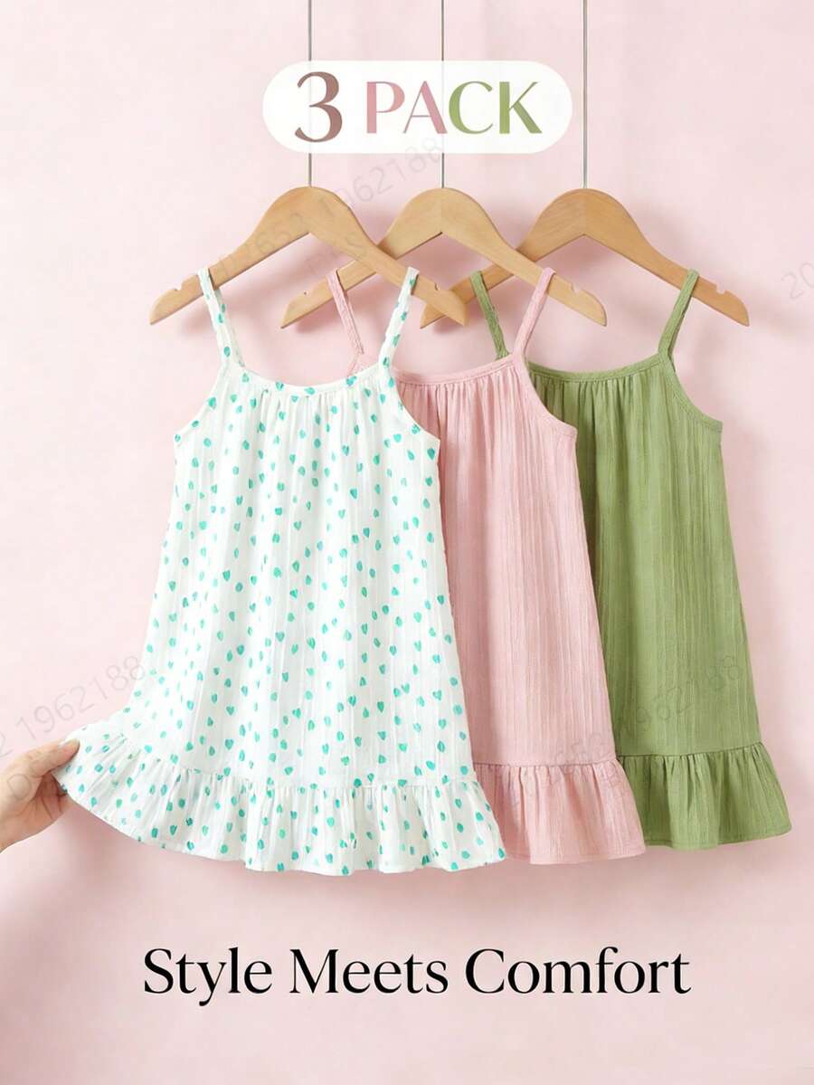 Souflis Souflis 3 Packs Baby Girl Kids Summer Outfits Casual Sweet Polka Dot Heart Print Ruffle Hem Sleeveless Cami A-Line Soft 3 Pieces Set Dresses Beach Vacation Dress Clothes For Summer Spring - Multicolor - View 1
