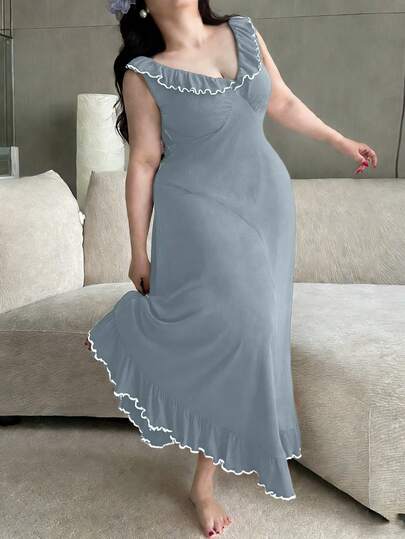 Dazy Plus Elegante camisón largo con cuello en V con volantes y envolvente