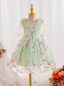 SHEIN Glamorique Kids 花童、生日派对、婚礼、节日礼服、女童公主裙、幸运大蝴蝶结、花卉网纱蓬蓬裙、参加派对或特殊场合、华丽连衣裙、可爱、美丽、四季皆宜、复活节、夏季、优雅派对礼服 - 綠色 - 查看 9