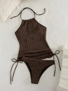 Swim Lushoire 女士纯色纹理面料吊带露背度假吊带比基尼上衣 - 咖啡棕 - 查看 5