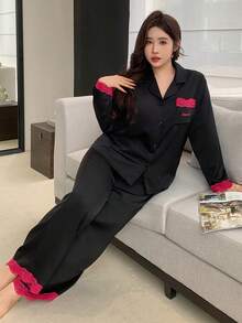 Dazy Plus Plus Size Lace Patchwork Front Button Long Sleeve Top And Pants Pajama Set - Black - View 1