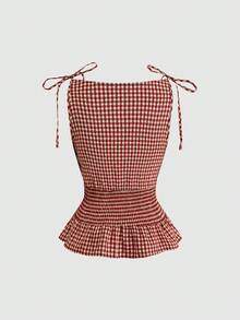 Sweetra Áo camisole dáng ôm, xếp ly, thắt eo, họa tiết kẻ caro, thời trang mùa hè mới, thanh lịch. - Đỏ - Xem 2